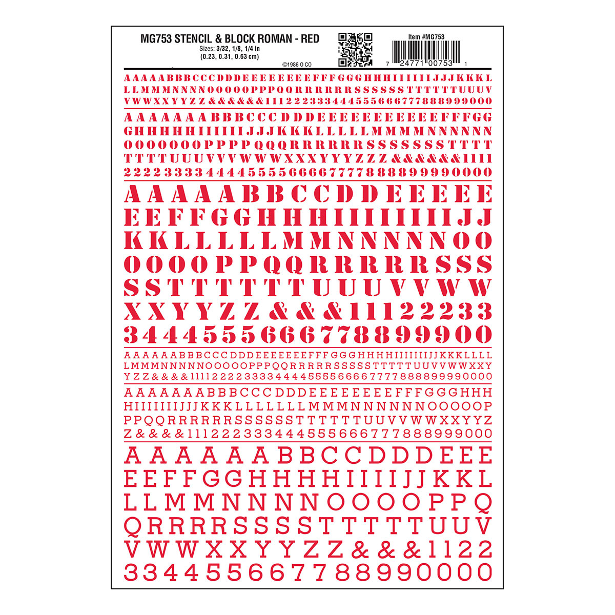Woodland Scenics Dry Transfer Alphabet & Numbers - Stencil/Block Roman -- Red - WOOMG753