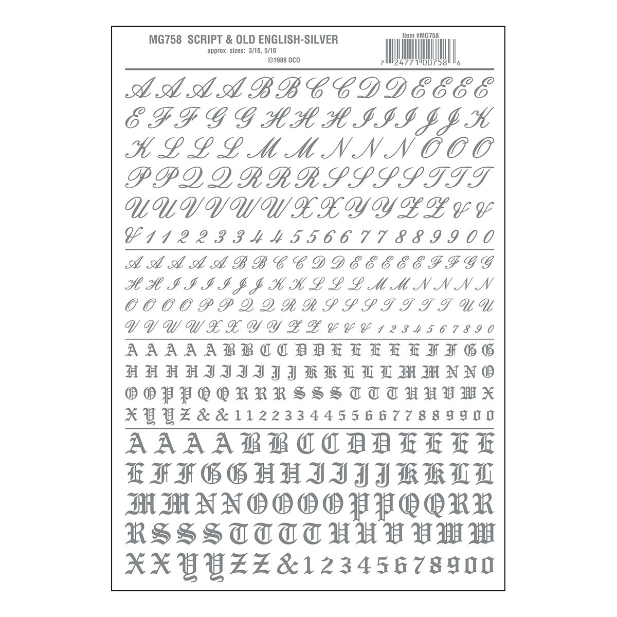Woodland Scenics Dry Transfer Alphabet & Numbers - Script/Old English -- Silver - WOOMG758