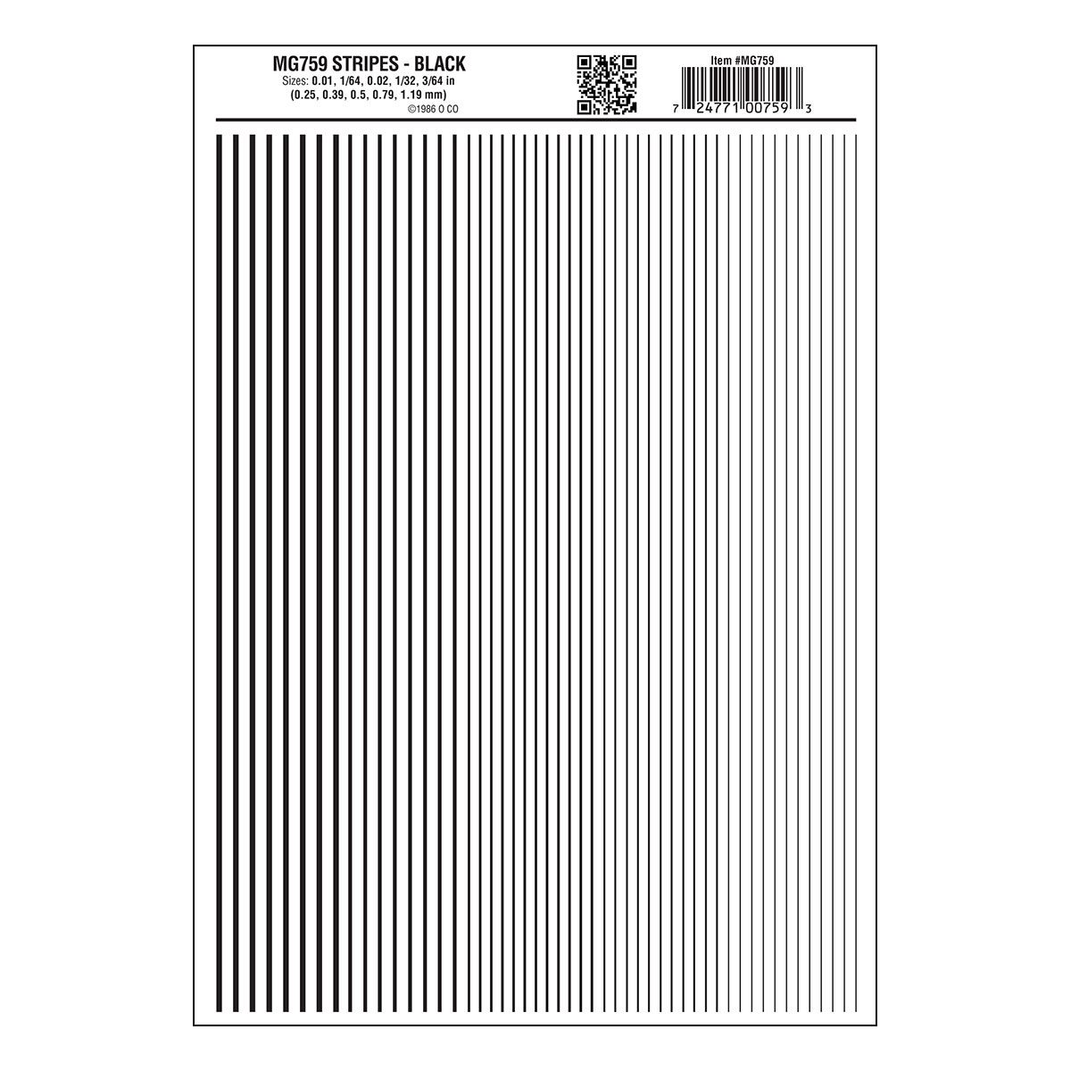 Woodland Scenics Dry Transfer Stripes - .010, 1/64, .022, 1/32 & 3/64" Wide -- Black - WOOMG759
