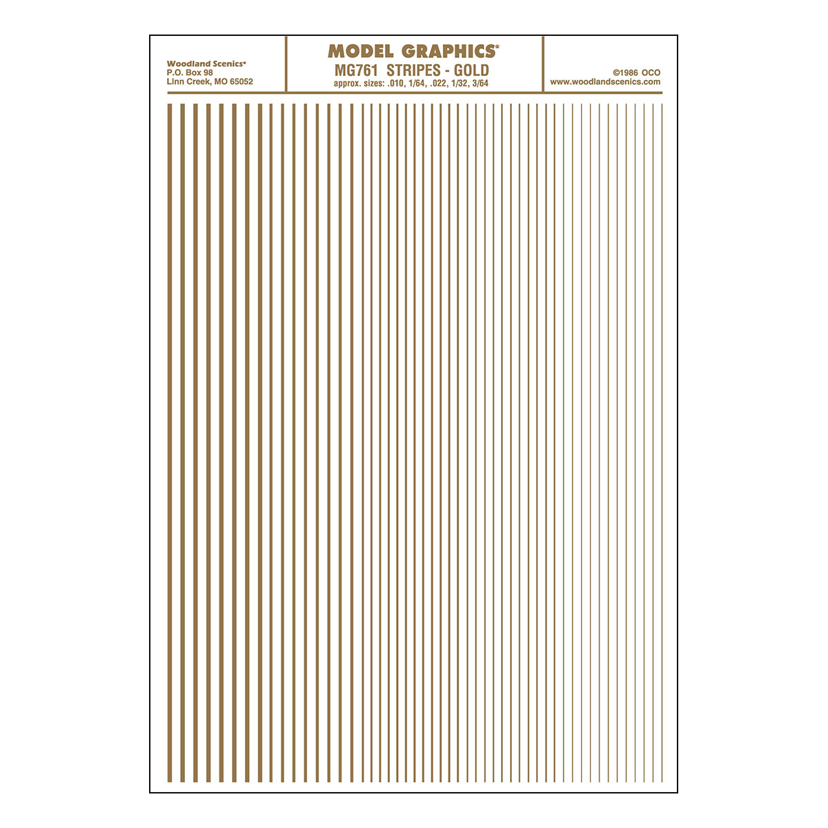 Woodland Scenics Dry Transfer Stripes - .010, 1/64, .022, 1/32 & 3/64" Wide -- Gold - WOOMG761