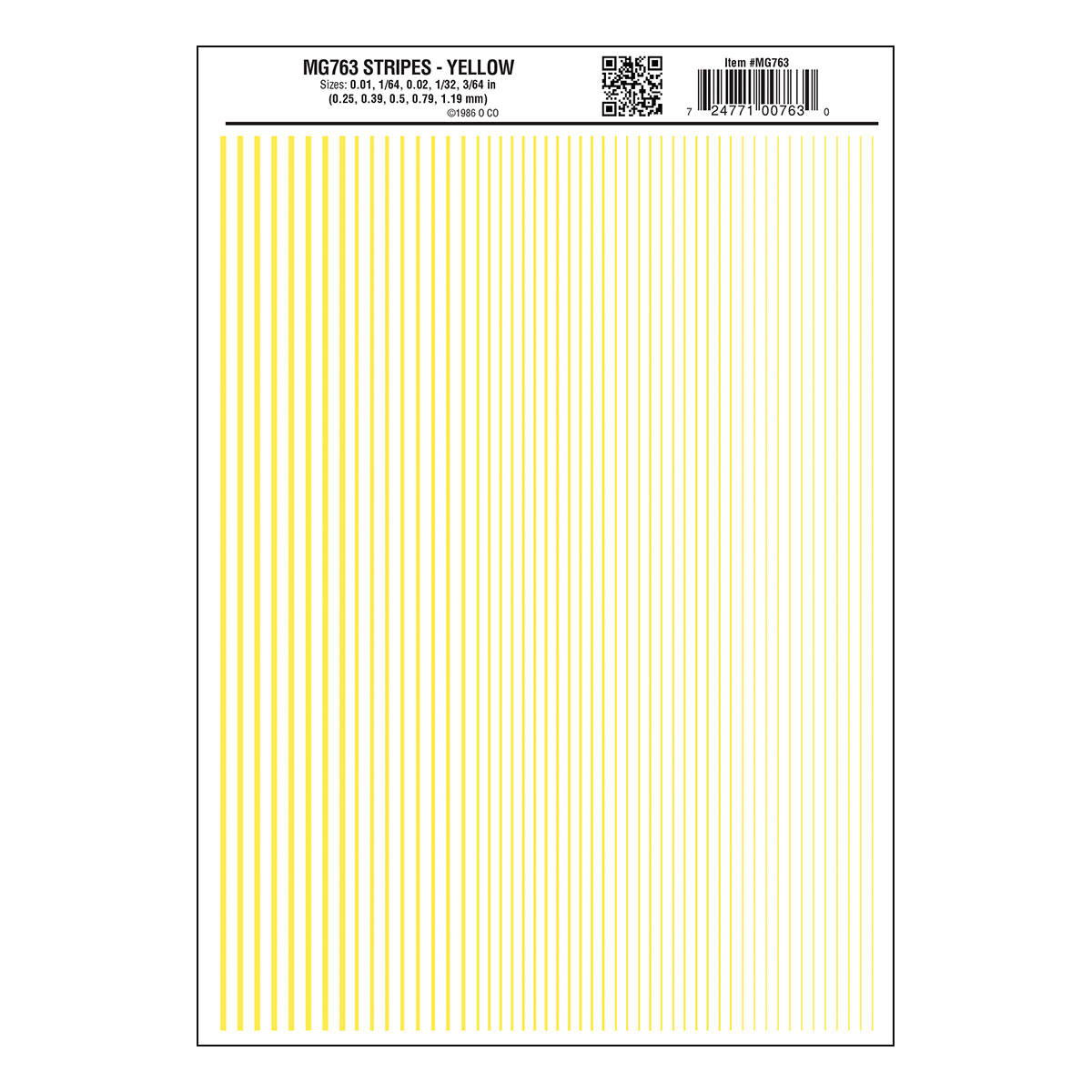 Woodland Scenics Dry Transfer Stripes - .010, 1/64, .022, 1/32 & 3/64" Wide -- Yellow - WOOMG763