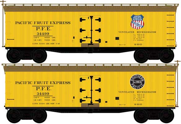 Atlas 40' Wood Reefer - Ready to Run - Master(R) -- Pacific Fruit Express 34511 (yellow, Boxcar Red, SP, UP Overland Logos) - ATL50005503