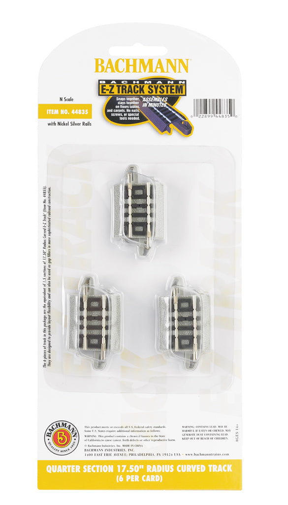 Bachmann Trains N Curved Track w/Nickel Silver Rail & Gray Roadbed - E-Z Track(R) -- 17-1/2" Radius Quarter Section pkg(6) - BAC44835