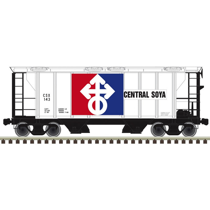 Atlas HO PS-2 2-Bay Covered Hopper - Ready to Run -- Central Soya CSX #143 (white, black, blue, red)