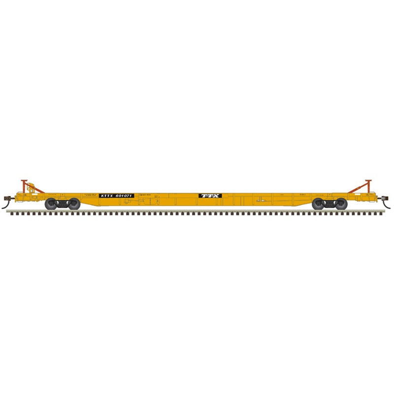 Atlas HO ACF 89' F89-J Flatcar w/End Hitches- Ready to Run -- TTX KTTX #601071 (yellow, black, Large Logo)