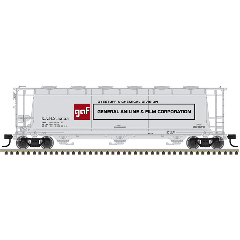 Atlas HO ACF 3-Bay Cylindrical Hopper - Ready to Run - Maaster(R) -- General Aniline & Film Corp. (GAF) NAHX #32104 (gray, black, red)