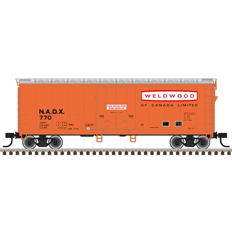 Atlas HO 40' Plug-Door Boxcar - Ready to Run -- Weldwood of Canada NADX #770 (orange, silver, white, red)