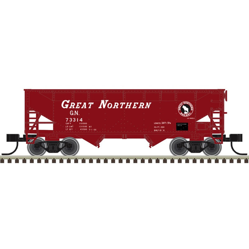 Atlas HO Offset-Side 2-Bay Open Hopper - Ready to Run -- Great Northern #73328 (Vermillion Red, black, Rocky Logo)