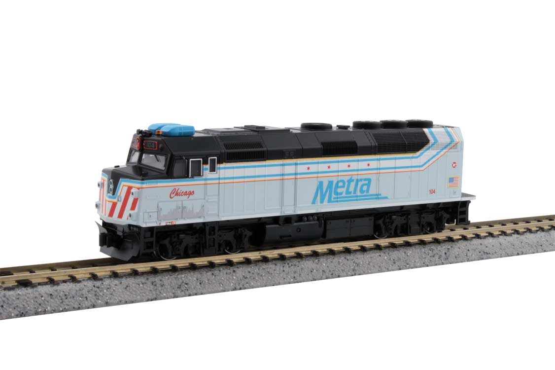 Kato N EMD F40PH Commuter Version - Standard DC -- Metra #104 City of Chicago (Commemorative Scheme, white, black, light blue,