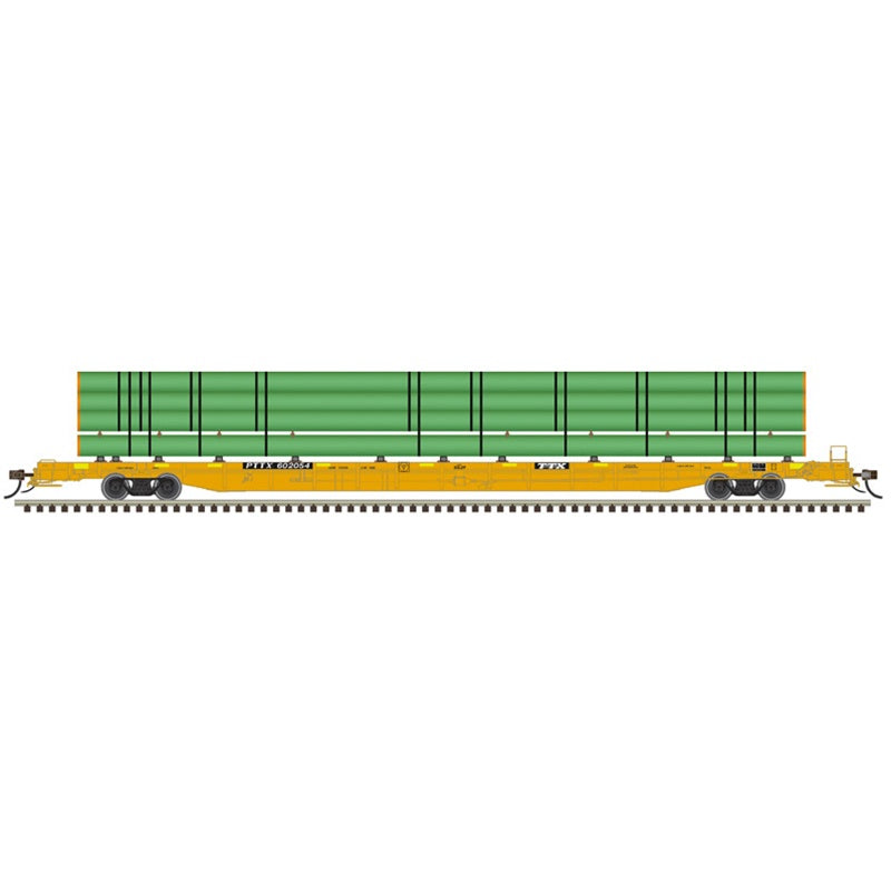 Atlas N ACF 89' F89-J Flatcar w/Deck Risers & Green Pipe Load - Ready to Run -- TTX PTTX #602054 (yellow, black, yellow conspicuity marks)
