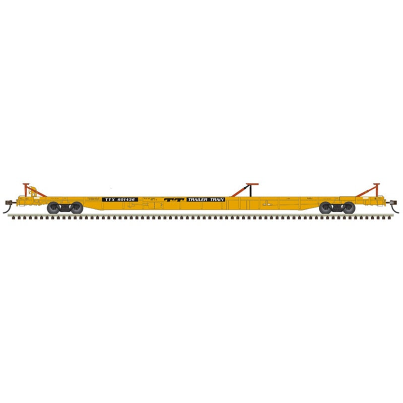Atlas N ACF 89' F89-J Flatcar w/Mid & End Hitches- Ready to Run -- Trailer-Train TTX #601426 (1970s, yellow, black)