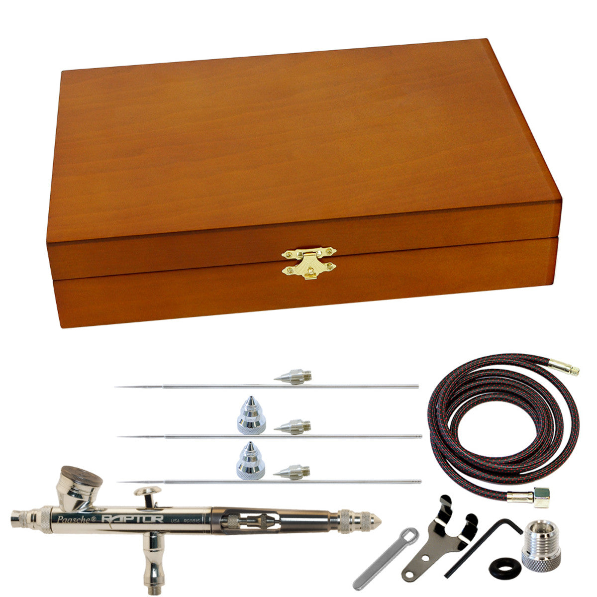 Paasche Gravity Feed Set in Wood Case w/ .2, .25, .38 & .66mm heads & 1/8"BSP Adapter - PASRG4WC