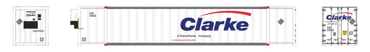 Rapido Trains 53' High-Cube Container 2-Pack - Ready to Run -- Clarke Transforce CTHU 539630, 539653 (white, red, blue) - RPI402021