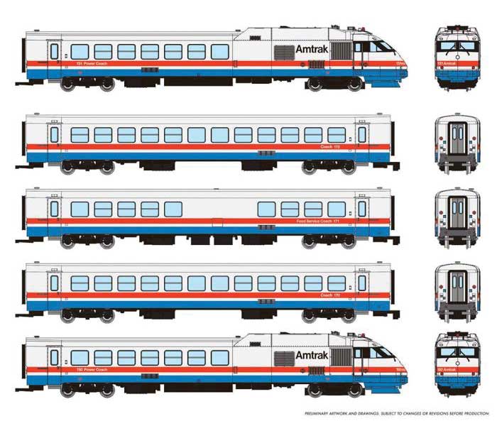 Rapido N-Scale Rohr RTL Turboliner 5-Unit Set - ESU LokSound and DCC -- Amtrak (Set #1, Phase III, Early; white, blue, red)