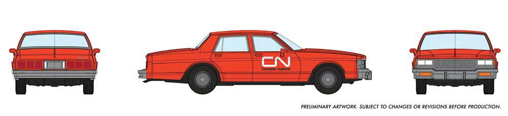 Rapido Trains 1980-1985 Chevrolet Impala Sedan - Assembled -- Canadian National Maintenance (red, white) - RPI800014