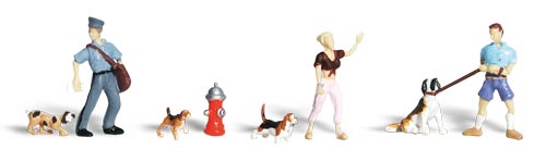 Woodland Scenics Scenic Accents(R) Figures -- People & Pets (3 People, 3 Dogs) - WOOA1827