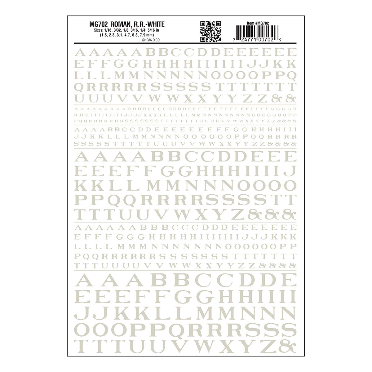 Woodland Scenics Dry Transfer Alphabet - Railroad Roman - 1/16, 3/32, 1/8, 3/16, 1/4 & 5/16" -- White - WOOMG702