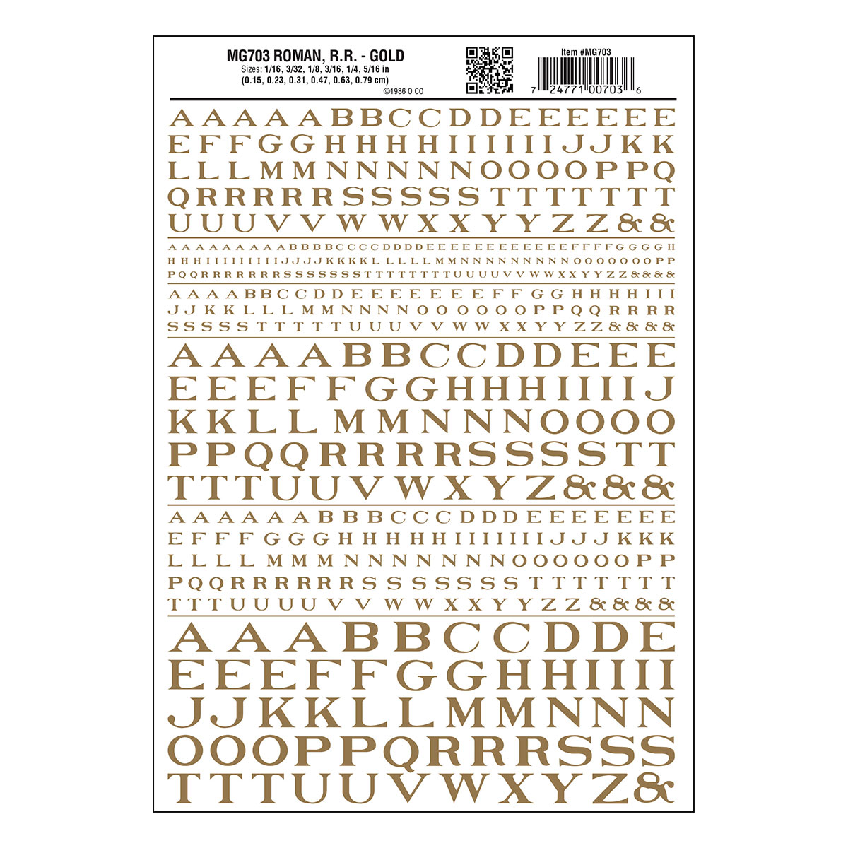 Woodland Scenics Dry Transfer Alphabet - Railroad Roman - 1/16, 3/32, 1/8, 3/16, 1/4 & 5/16" -- Gold - WOOMG703