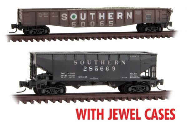 Micro-Trains 50' Gondola, Offset-Side Open Hopper Set Jewel Cases - Ready to Run -- Southern Railway #60065, 285669 (Weathered, Boxcar Red Gon, black Hopper) - 489-99405286