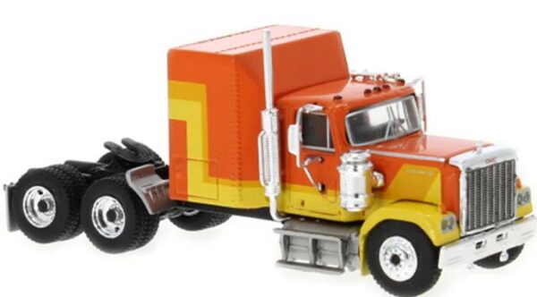 Brekina Automodelle 1980 GMC General Sleeper-Cab Tractor - Assembled -- Yellow, Orange - 175-85778