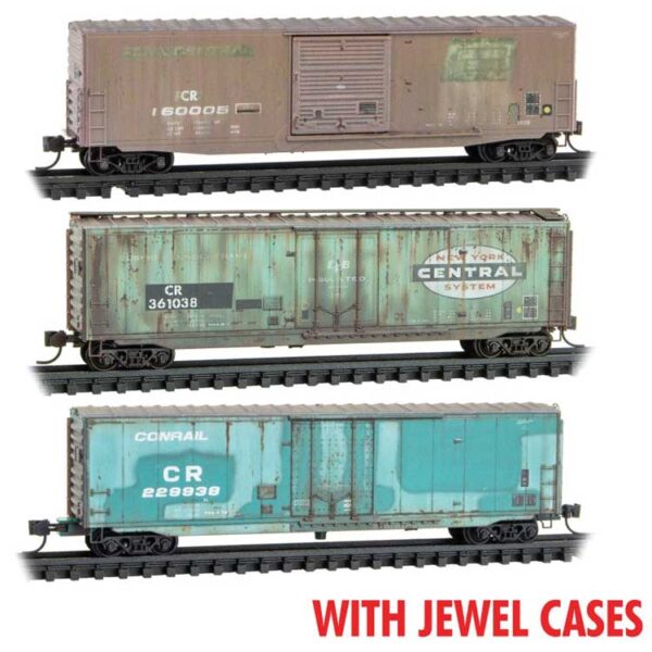 Micro-Trains 50' Boxcar 3-Pack (2 Plug and 1 Single-Door) - Ready to Run - Jewel Case -- Conrail #160005, 361038, 229938 (Weathered, ExpPC, NYC, Jade Green) - 489-98305041