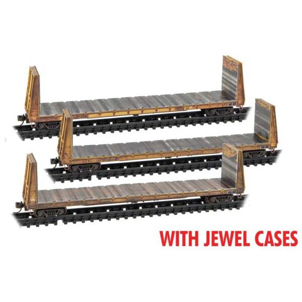 Micro-Trains 61' 8" Bulkhead Flatcar 3-Pack - Ready to Run - Jewel Case -- Union Pacific #216100, 215208, 215708 (Weathered, Armour Yellow) - 489-98305049