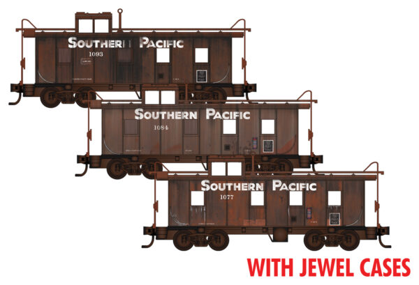 36' Riveted Steel Cupola Caboose 3-Pack - Ready to Run -- Southern Pacific #1093, 1084, 1077 (Weathered, Boxcar Red, orange)