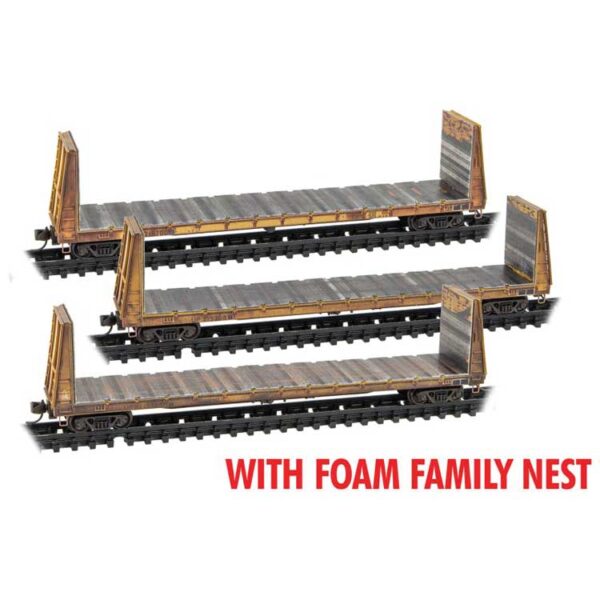 Micro-Trains 61' 8" Bulkhead Flatcar 3-Pack - Ready to Run - Foam Nest -- Union Pacific #216100, 215208, 215708 (Weathered, Armour Yellow) - 489-99305049