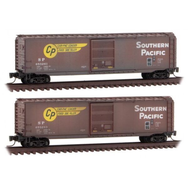 Micro-Trains 50' Single-Door Boxcar 2-Pack - Ready to Run -- Southern Pacific 653261, 653263 (Weathered, Boxcar Red, yellow) - 489-99405280