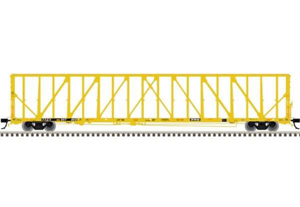 Atlas HO 73' Center-Partition (Centerbeam) Flatcar - Ready to Run - Master(R) -- TTX 857054 (yellow, black, yellow conspicuity stripes) - ATL20006494