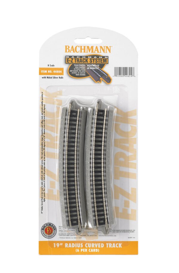 Bachmann Trains N Curved Track w/Nickel Silver Rail & Gray Roadbed - E-Z Track(R) -- 19" Radius pkg(6) - BAC44804