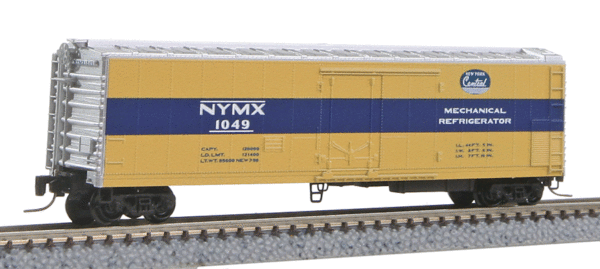 Micro-Trains 51' Riveted-Side Mechanical Reefer - Ready to Run -- New York Central NYMX #1049 (yellow, blue, silver, Script Logo) - 489-54800032