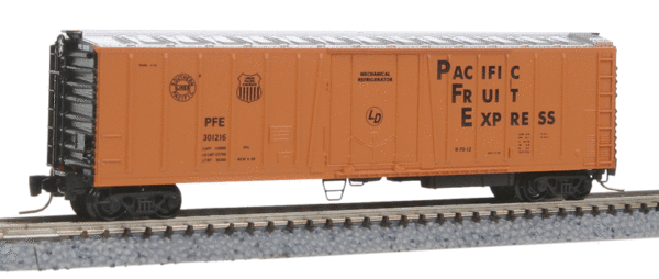 Micro-Trains 51' Rib-Side Mechanical Reefer - Ready to Run -- Pacific Fruit Express PFE #301216 (orange, black, silver, Stenciled Logos) - 489-54900011