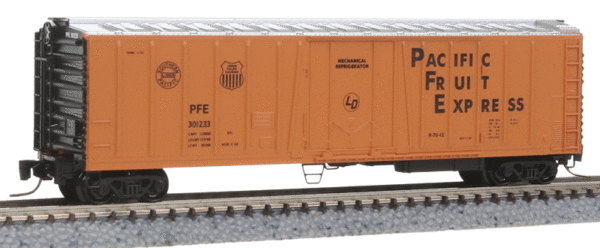 Micro-Trains 51' Rib-Side Mechanical Reefer - Ready to Run -- Pacific Fruit Express PFE #301233 (orange, black, silver, Stenciled Logos) - 489-54900012