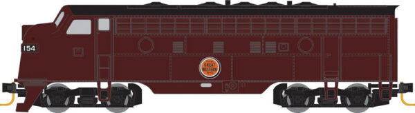 Micro-Trains EMD F7A - Standard DC -- Chicago Great Western #154 (maroon, black, orange Lucky Strike Logo) - 489-98001441