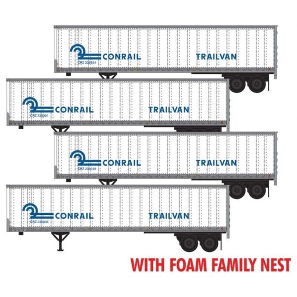 45' Van Trailer 4-Pack - Assembled, Foam Nest -- Conrail #235354, 235301, 235249, 235035 (white, blue, Trailvan Markings)