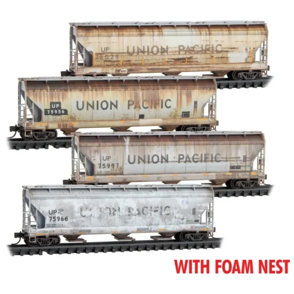 ACF 3-Bay Center Flow Covered Hopper 4-Pack - Ready to Run - Foam Nest -- Union Pacific #76029, 75997, 75966, 75956 (Weathered, gray, black)