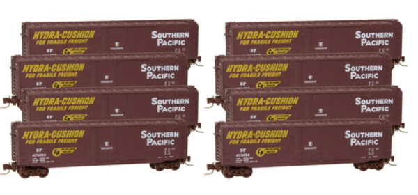 Micro-Trains 50' Plug-Door Boxcar 8-Car Runner Pack - Ready to Run -- Southern Pacific (boxcar Red, yellow, Large Hydra-Cushion Markings) - 489-99400808