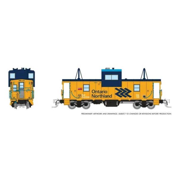 Rapido Trains N-Scale Angus Shops Wide Vision Caboose with Lights - Ready to Run -- Ontario Northland #120 (yellow, blue, Chevron Logo)