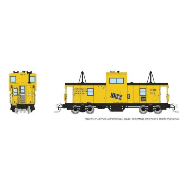 Rapido Trains N-Scale Angus Shops Wide Vision Caboose with Lights - Ready to Run -- Toronto, Hamilton & Buffalo #83 (yellow, black, Bowtie Logo)