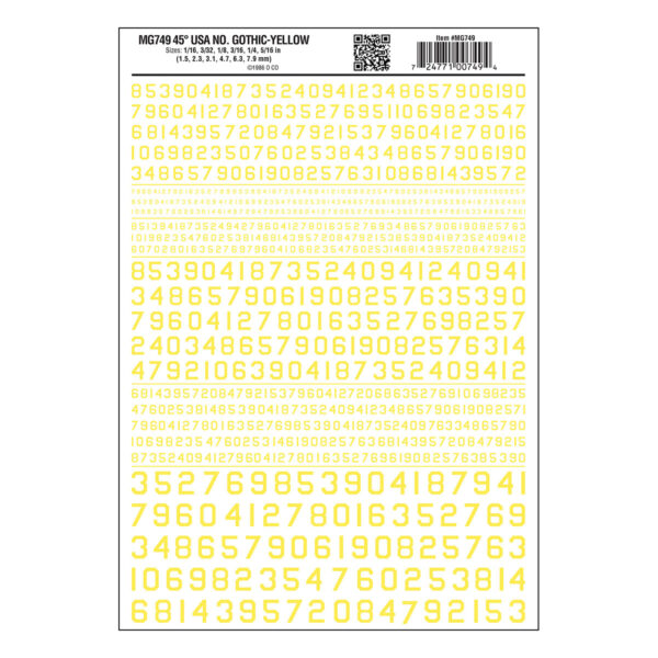 Woodland Scenics Dry Transfer Numbers Only - 45 Degree USA Gothic (Military Style) -- Yellow - WOOMG749