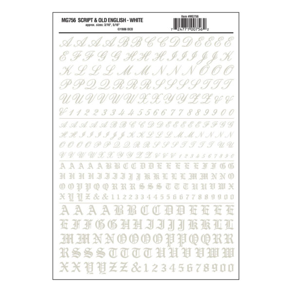 Woodland Scenics Dry Transfer Alphabet & Numbers - Script/Old English -- White - WOOMG756