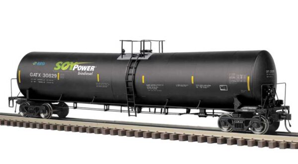 Atlas O Trinity 25,500-Gallon Tank Car - 3-Rail - Ready to Run - Master(R) -- Soy Power Bio Fuels GATX (black, blue, green, yellow conspicuity marks) #30844