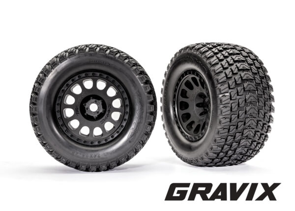 Traxxas Tires & wheels, assembled, glued (XRTÂ Race black wheels, GravixÂ tires, foam inserts) (left & right) - TRA7872