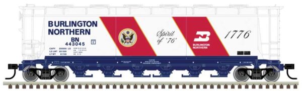 Atlas HO ACF 6-Bay Cylindrical Hopper - Ready to Run -- Burlington Northern #443045 (Fantasy Bicentennial, white, red blue)