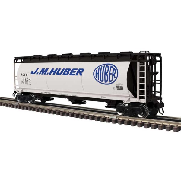 Atlas O 3-Bay Cylindrical Hopper - 3-Rail - Ready to Run - Master -- J.M. Huber (white, black, blue) #60257