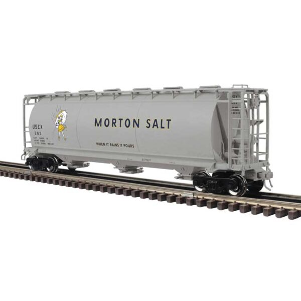 Atlas O 3-Bay Cylindrical Hopper - 3-Rail - Ready to Run - Master -- Morton Salt (gray, black, Girl w/Umbrella Logo) #283