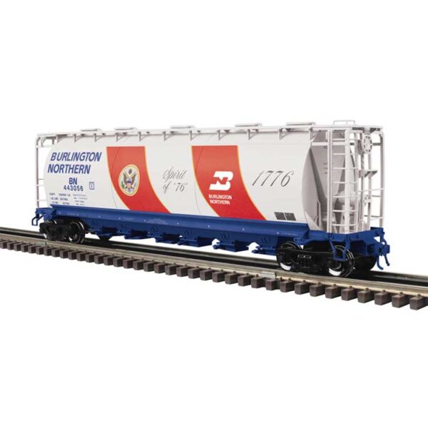 Atlas O 6-Bay Cylindrical Hopper - 3-Rail - Ready to Run - Master -- Burlington Northern #443056 (Bicentennial, white, red, blue)