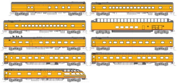 Kato N 106-089-1 Olympian Hiawatha 9-Car Passenger Set - Post-1955 Version - Lighted -- Milwaukee Road (Armour Yellow, gray, red)