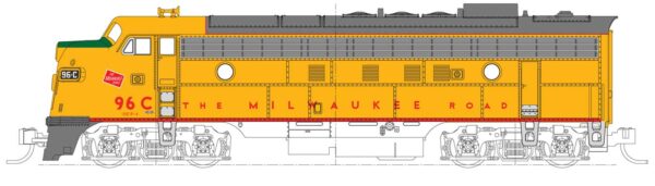 Kato N 176-2303 EMD FP7A - Standard DC -- Milwaukee Road #96C (Post 1955, Armour Yellow, gray, red)